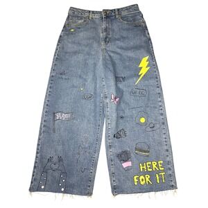 wild fable Wide Leg Flare Jeans with Yellow & Pink Graphic Accents